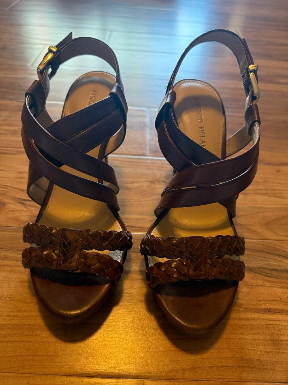 Antonio Melani Brown Leather Braided Strappy Heels Sandals 4 inch Heel Size 9M